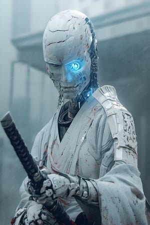 White cyborg ghost samurai, red light eye, photorealistic, 