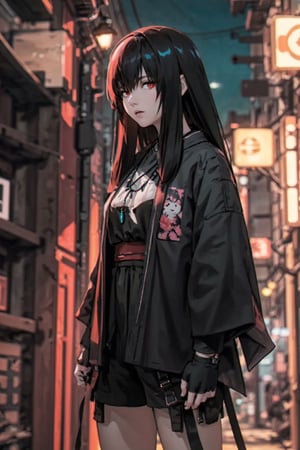 1girl, solo, japan ghost, black, necklace, red eyes,
3d rendering gaming character, dark kimono, short pant, neonpunk grunge city night background, depth of field, closed mouth,  reflection, looking at viewer,  long hair, cowboy_shot, neon signs, looking_at_viewer, red light over body, arms_above_head