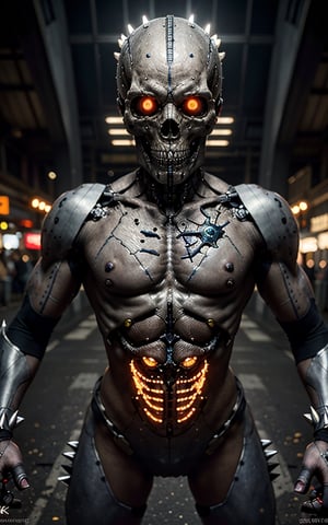 cinematic science fiction photo,  metal skin,  a body full of long metal spikes and glowing metrics inside,  
eyes deep in skull,  extremely menacing creature,  highly detailed,  award-winning,  horror,  
wide-angle shot,  dramatic angle,  bokeh,  tilt-shift effect,  long exposure,  8K,  award-winning,  
professional,  highly detailed,