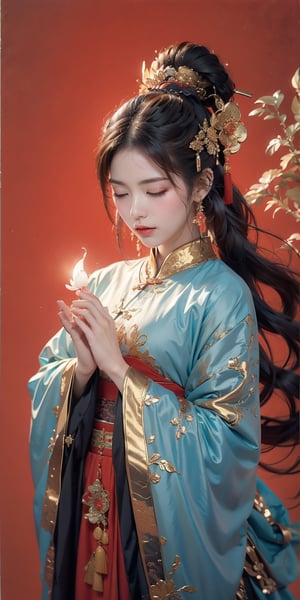 A Chinese ancient beauty is praying, with hands clasped together, eyes closed in silence, wearing a solemn yet beautiful expression, Red Background