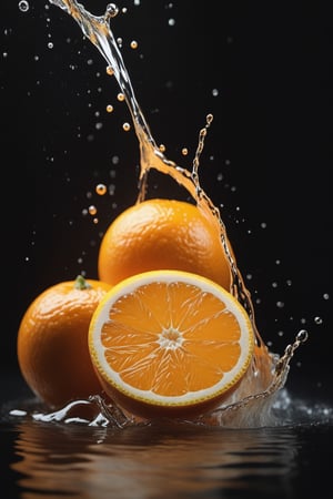 High quality, masterpiece, 4K, quality, Tyndall effect, RAW natural photo of (((perfect))) Orange, fresh, water splash, only one light cenital chimera, day advertising shooting, realistic photograph, sharp focus, depth of field, shoot, ,side shot, side shot, ultrahd, realistic, vivid colors, highly detailed, perfect composition, 8k, photorealistic concept art, soft natural volumetric cinematic perfect light,booth, food focus, black background
