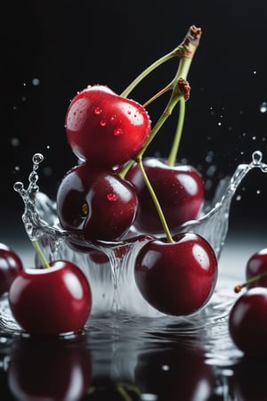 High quality, masterpiece, 4K, quality, Tyndall effect, RAW natural photo of (((perfect))) Cherry, fresh, water splash, only one light cenital chimera, day advertising shooting, realistic photograph, sharp focus, depth of field, shoot, ,side shot, side shot, ultrahd, realistic, vivid colors, highly detailed, perfect composition, 8k, photorealistic concept art, soft natural volumetric cinematic perfect light,booth, food focus, black background
