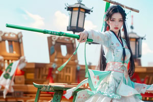 The subject is a young woman wearing ((Chinese ancient costume)), prominently located in the right foreground, ((outstretched arm holding a long green stick)), suggesting movement and power. ((The girl’s gaze is towards the left side of the screen)). ((She is wearing a soft light blue traditional Chinese dress with long flowing sleeves)). The background consists of a vague structure resembling an ((ancient wooden ship with a red lantern)). Adds narrative.