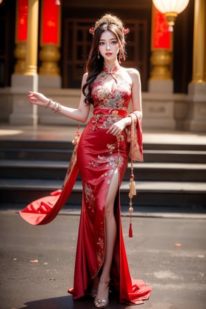 full body shot. Standing, sideways, turning to look at the viewer, a girl wears traditional Han Chinese wedding attire, consisting of a beautifully embroidered bright red gown with a stand-up collar and a long skirt, with delicate floral embellishments and a decorated headdress with hanging strands of jewelry. and floral accessories, (((radiate a bright smile and joy))), Chinese architecture, red, golden yellow, red lanterns, Photography, Masterpiece, Best Quality, 8K, HDR, Nikon AF-S 105mm f/1.4E ED ,