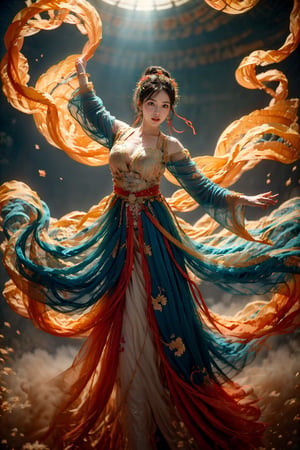This is a digital photography. A girl, photographed from head to toe, wears an ornate, flowing costume from ancient Chinese Dunhuang murals in bright colors including turquoise, gold and red, embellished with floral patterns and delicate details. The long flowing black hair is decorated with ornate hair accessories, against a background of softly blurred glowing spheres and abstract elements, suggesting a mysterious or dreamy environment. The dynamic light and flow of clothing convey a sense of movement, adding to the ethereal quality of the artwork. The overall ambience is both serene and vivid, and the rich combination of textures and colors is intoxicating. Floating in the air, posing gracefully like a Chinese classical folk dance~~~~The body rotates sideways, causing the sleeves and hair to fly
