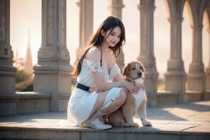 Super wide-angle panoramic shooting.    A vast and secluded garden castle.  ((( 1 girl, 1 puppy))).    Girl (((crouching sideways, playing with a puppy))).    The girl has long brown hair, medium breasts, and is wearing a light blue denim short-sleeved mid-length dress.    The dress has a square neckline, short sleeves, a row of buttons in the front, and a black belt around the waist.    The background is blurred.    The soft light enhances the ethereal dreamlike feel of the scene.    The calm expressions and elegant gestures of the figures, combined with the harmonious blend of natural and architectural elements, create a calming beauty.    The costumes and environments highlight the combination of fantasy and reality, emphasizing the artist's attention to detail and vibrant colors.