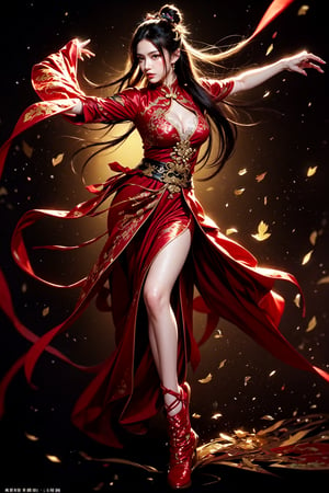 The image has a digital photography art style that resembles a promotional poster.  The composition shows a woman wearing traditional Chinese clothing, with a dynamic posture that emphasizes movement.  She wore a long red dress with delicate details and lace-up boots.  Showcase dynamic moves of Chinese martial arts.  The background features warm golden tones with flying fabric elements and calligraphy that enhance the drama.  The overall aesthetic suggests that this is a fusion of historical and fantasy themes.