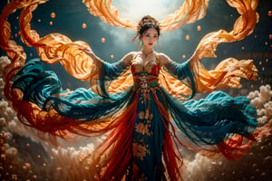 This is a digital photography. A girl, photographed from head to toe, wears an ornate, flowing costume from ancient Chinese Dunhuang murals in bright colors including turquoise, gold and red, embellished with floral patterns and delicate details. The long flowing black hair is decorated with ornate hair accessories, against a background of softly blurred glowing spheres and abstract elements, suggesting a mysterious or dreamy environment. The dynamic light and flow of clothing convey a sense of movement, adding to the ethereal quality of the artwork. The overall ambience is both serene and vivid, and the rich combination of textures and colors is intoxicating. Floating in the air~~~~,dunhuang