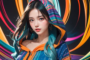 A stunning half-length portrait of a young woman wearing a vibrant colorful hoodie with a swirly pattern of blue, orange and teal. Her long, flowing hair cascaded over her shoulders, complementing the intricate design of her outfit. The background reflects the psychedelic pattern of her costume, creating a seamless, mesmerizing effect. The woman's expression is calm and confident, and she looks directly at the viewer. The overall scene exudes boldness, artistry and modern chic.