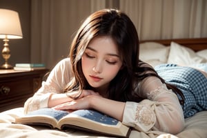 The image is a photograph likely taken by a professional photographer. The composition is well-balanced, focusing on a woman sleeping peacefully on her stomach. The subject is placed in the center, with her face turned sideways, eyes closed, and a hand resting on a pillow. She is covered with a blue and white patterned quilt and is lying on a checkered bedspread. The background includes soft beige curtains diffusing natural light, a bedside table with a lamp, and books. The overall mood is serene and tranquil, capturing a moment of rest and relaxation.