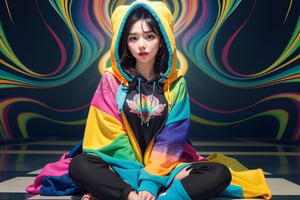 A stunning portrait of a young woman wearing a vibrant colorful hoodie with the hood up. It has a swirly pattern of blue, orange and teal. Wear it with loose-fitting sweatpants in the same style as your outfit. Sitting handsomely on the ground. Her long, flowing hair cascaded over her shoulders, complementing the intricate design of her outfit. The background reflects the psychedelic pattern of her costume, creating a seamless, mesmerizing effect. The woman's expression is calm and confident, and she looks directly at the viewer. The overall scene exudes boldness, artistry and modern chic.