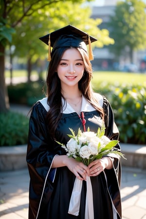This image is a high-resolution photo that may have been taken by a professional or experienced photographer. It captures a young woman wearing a black graduation gown and graduation cap standing outdoors. She smiled, waving with her right hand and holding a bouquet of purple and white flowers in her left hand. The background is a leafy tree and a vague building, suggesting an outdoor graduation ceremony. The image is bright and clear, with natural light emphasizing the celebratory atmosphere. The subject appears relaxed and happy, marking an important milestone.