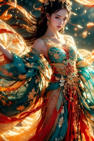 This is a digital photography. A girl, photographed from head to toe, wears an ornate, flowing costume from ancient Chinese Dunhuang murals in bright colors including turquoise, gold and red, embellished with floral patterns and delicate details. The long flowing black hair is decorated with ornate hair accessories, against a background of softly blurred glowing spheres and abstract elements, suggesting a mysterious or dreamy environment. The dynamic light and flow of clothing convey a sense of movement, adding to the ethereal quality of the artwork. The overall ambience is both serene and vivid, and the rich combination of textures and colors is intoxicating.