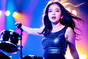 Shot in panoramic view, this photo captures a female drummer performing live, revealing a dynamic and expressive moment on stage. The images are photographic in style, focusing on realism. In the composition, the subject is centered on the female drummer. Complete drum kit included. She wore a black T-shirt with a large star symbol and graphic design. The background is a simple, dark stage that isolates the subject and emphasizes that she is the focus. Blue tint. The stage lights are intense. Other details include a microphone stand to her left and a cloth hanging from it. The lighting highlights her facial expressions and the drums, conveying a sense of movement and musical intensity.