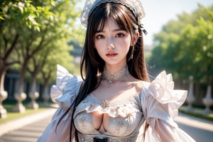 Panoramic shot, the picture shows a young woman wearing Loli-style clothing, showing a fusion of modern and Victorian fashion aesthetics. Outdoors, the painting features a castle standing in front of a classical garden. Medium boobs, ((joyful expression, smile)) ((((she wears a tight red and white maid outfit with bows and lace trim))), and a matching headpiece. Her dark hair framed her face, while the background was a soft gray that accentuated her delicate outfit. The dress's tiered ruffled skirt, bell sleeves and bodice added intricate details. The whole scene creates a charming nostalgic atmosphere with a modern twist. Reduce the proportion of the girl in the frame.