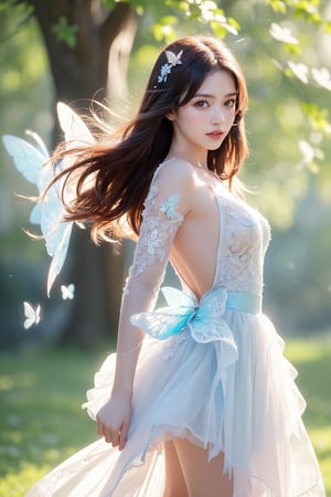 Panorama.  An elegant woman with long brown hair.  ((The hair is decorated with flowers made of light blue transparent tulle)).  ((She is wearing a light blue, one-piece dress, low-cut, backless, medium breasts, tulle, lace, butterfly sleeves. White gauze, tutu skirt)).  The skirt is decorated with ((small pink butterfly decoration)).  The composition is centered on the woman, and the whole body is shot.  She stood in a vast and secluded garden square, ((white castle buildings, trees, flowers. Surrounded by lush green leaves and flowers)).  The background is blurred.  The soft light enhances the ethereal dreamy quality of the scene.  The serene expressions and graceful gestures of the subject figures, coupled with the harmonious blend of natural and architectural elements, evoke a calm beauty.  The dress and environment highlight the combination of fantasy and reality, emphasizing the artist's attention to detail and vibrant colours.