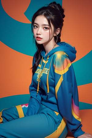 A stunning portrait of a young woman wearing a vibrant colorful hoodie with a swirly pattern of blue, orange and teal. Loose sweatpants in the same style as the clothes. Sitting handsomely on the ground. Her long, flowing hair cascaded over her shoulders, complementing the intricate design of her outfit. The background reflects the psychedelic pattern of her costume, creating a seamless, mesmerizing effect. The woman's expression is calm and confident, and she looks directly at the viewer. The overall scene exudes boldness, artistry and modern chic.