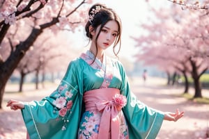 This image uses a surrealist art style and may have been created by several artists. The painting depicts a woman in traditional Japanese clothing standing among blooming cherry blossom trees. The focus of the composition is her graceful posture, with petals falling around her as she reaches upward. The background is filled with bright pink flowers, rainbows, and soft glow through the tree branches. Her kimono has a delicate floral design and her hair is adorned with matching flowers. This scene creates a sense of tranquility and harmony with nature. Other figures and elements are blurred to ensure that the woman is the focus of the image.