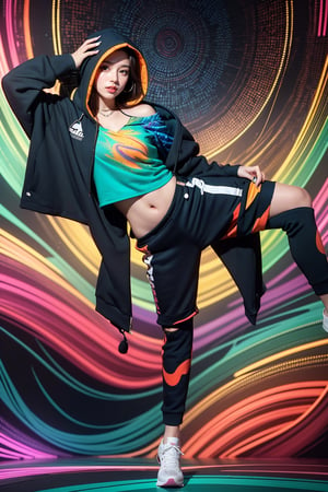 A stunning portrait of a young woman wearing a vibrant colorful hoodie with the hood up. It has a swirly pattern of blue, orange and teal. Wear it with loose-fitting sweatpants in the same style as your outfit. Her long, flowing hair cascaded over her shoulders, complementing the intricate design of her outfit. The background reflects the psychedelic pattern of her costume, creating a seamless, mesmerizing effect. Standing posture. Strike a cool pose. The woman's expression is calm and confident, and she looks directly at the viewer. The overall scene exudes boldness, artistry and modern chic.