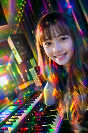 The image is a realistic photograph, not attributed to any specific artist. It depicts a young woman with long, straight hair and bangs, smiling at the camera. She is posed in front of a digital keyboard in a dimly lit, modern studio or possibly a performance space. The background features black curtains and equipment such as speakers, with subtle lighting and reflections creating a cozy atmosphere. Small, colorful string lights add a decorative touch above her head. The overall ambiance suggests a blend of creativity and professionalism.