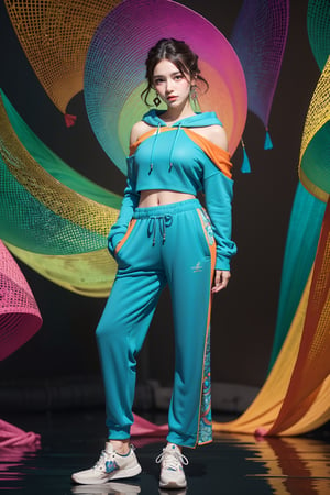 A stunning portrait of a young woman wearing a vibrant colorful hoodie. It has a swirly pattern of blue, orange and teal. Pair with loose-fitting track pants in the same style as the outfit. Her long, flowing hair cascaded over her shoulders, complementing the intricate design of her outfit. The background reflects the psychedelic pattern of her costume, creating a seamless, mesmerizing effect. Standing posture. Strike a cool pose. The woman's expression is calm and confident, and she looks directly at the viewer. The overall scene exudes boldness, artistry and modern chic.