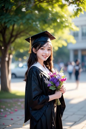 This image is a high-resolution photo that may have been taken by a professional or experienced photographer. It captures a young woman wearing a black graduation gown and graduation cap standing outdoors. She smiled, waving with her right hand and holding a bouquet of purple and white flowers in her left hand. The background is a leafy tree and a vague building, suggesting an outdoor graduation ceremony. The image is bright and clear, with natural light emphasizing the celebratory atmosphere. The subject appears relaxed and happy, marking an important milestone.