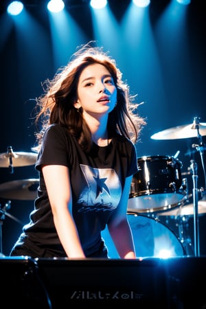 Shot with a telephoto lens, this photo captures a live performance by several keyboardists, revealing a dynamic and expressive moment on stage. The images have a photographic style with a focus on realism. In the composition, ((the subject is centered on the female keyboard player)), ((half-length photo)). ((image contains complex keyboard instruments)). She wore a black T-shirt with a large star symbol and graphic design. The background is a simple dark stage, isolating the subject and emphasizing that she is the focus. Blue tint. The stage lights are very intense. Other details include a microphone stand to her left and a cloth hanging from it. The lighting highlights her facial expressions and the sound of the drums, conveying a sense of movement and musical intensity.