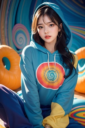 A stunning portrait of a young woman wearing a vibrant colorful hoodie with a swirly pattern of blue, orange and teal. Loose sweatpants in the same style as the clothes. Sitting handsomely on the ground. Her long, flowing hair cascaded over her shoulders, complementing the intricate design of her outfit. The background reflects the psychedelic pattern of her costume, creating a seamless, mesmerizing effect. The woman's expression is calm and confident, and she looks directly at the viewer. The overall scene exudes boldness, artistry and modern chic.