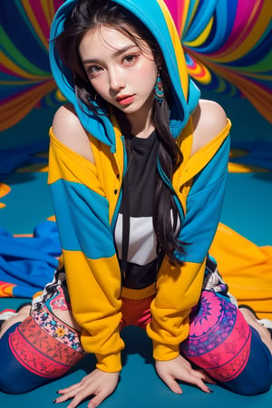 A stunning portrait of a young woman wearing a vibrant colorful hoodie. It has a swirly pattern of blue, orange and teal. Pair with loose-fitting track pants in the same style as the outfit. sit on the floor. Her flowing hair cascaded over her shoulders, complementing the intricate design of her outfit. The background reflects the psychedelic pattern of her costume, creating a seamless, mesmerizing effect. Standing posture. Strike a cool pose. The woman's expression is calm and confident, and she looks directly at the viewer. The overall scene exudes boldness, artistry and modern chic.