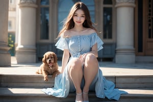 Super wide-angle panoramic shooting.    A vast and secluded garden castle.  ((( 1 girl, 1 dog))).    (((The girl squats sideways and plays with a puppy))).    (((The girl has long brown hair, medium chest, and is wearing a light blue denim short-sleeved mid-length dress.))) The dress has a square neckline, short sleeves, a row of buttons in the front, and a black belt tied around the waist belt.    The background is blurred.    The soft light enhances the ethereal dreamlike feel of the scene.    The calm expressions and elegant gestures of the figures, combined with the harmonious blend of natural and architectural elements, create a calming beauty.    The costumes and environments highlight the combination of fantasy and reality, emphasizing the artist's attention to detail and vibrant colors.