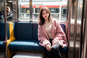 Presenting a bright and realistic style. Shot at a super wide angle, the center of the composition is a young woman sitting in a modern, bright subway. Dressed casually in a light sweater and pink coat, she looked out with a soft smile. The subway seats are covered in blue geometric patterned fabric, adding a pop of color. There are other passengers on the bus, and the large windows partially show the scene of rain outside, enhancing the warm atmosphere inside. The orange armrests and lavender seat headrests are clearly visible, providing structural elements to the scene. The overall atmosphere is calm and reflective.