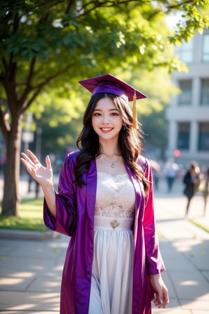 The image is a high-resolution photograph likely taken by a professional or experienced photographer. It captures a young woman dressed in a graduation gown and cap, standing outdoors. She is smiling and waving with her right hand, while holding a bouquet of purple and white flowers in her left hand. The background features a tree with green foliage and a blurred building, suggesting an outdoor graduation ceremony setting. The image is bright and clear, with natural lighting emphasizing the celebratory mood. The subject appears relaxed and happy, marking a significant milestone. 