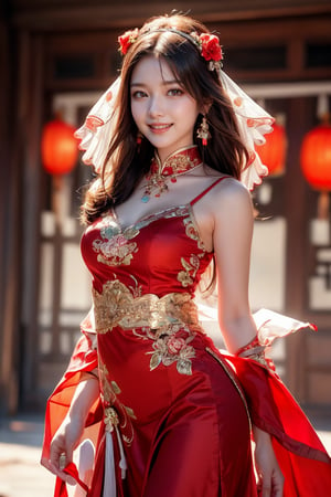 Standing, sideways, turning to look at the viewer, a girl wears traditional Han Chinese wedding attire, consisting of a beautifully embroidered bright red gown with a stand-up collar and a long skirt, with delicate floral embellishments and a decorated headdress with hanging strands of jewelry. and floral accessories, (((radiate a bright smile and joy))), Chinese architecture, red, golden yellow, red lanterns, Photography, Masterpiece, Best Quality, 8K, HDR, Nikon AF-S 105mm f/1.4E ED ,