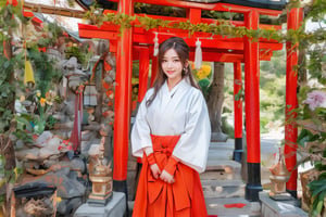 The photograph depicts a modern, high-resolution image. The composition focuses on a woman dressed in traditional Japanese attire, specifically a red and white shrine maiden outfit (miko). She stands poised under a vibrant red torii gate, central to the image. The background showcases elements of a serene Japanese shrine, including lush greenery, wooden structures, and smaller stone statues adorned with red bibs. The bright red of the torii gate contrasts with the natural greens and browns, creating a captivating visual harmony. The setting appears to be a peaceful shrine garden, filled with cultural and historical significance.