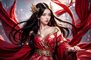 This image shows a dramatic, fantasy-style promotional art photography, in the center of which is a delicate woman in traditional Chinese dress, wearing a flowing red robe that exposes all shoulders, and an exquisite Hair accessories.  She posed gracefully, holding a red and black fan in her right hand.  The background is a misty landscape, dotted with golden light spots, creating a dreamy, ancient atmosphere.  The woman is surrounded by dynamic swirls of red fabric, adding movement and emphasis to the image.  The overall color palette emphasizes reds, golds and soft natural tones.