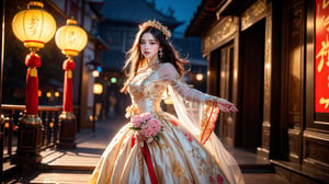 A girl stands sideways, turning her head to look at the audience. A half-length photo is shown on the right side of the picture. She is wearing a traditional Han wedding dress, a beautifully embroidered bright red stand-up collar robe, and a long skirt with exquisite floral decorations. , wearing a draped headdress.  and floral accessories, (((radiating a bright smile and joy))), Chinese architecture in the background, red, golden yellow, red lanterns, photography, masterpiece, best quality, 8K, HDR, Nikon AF-S 105mm f/ 1.4E ED,