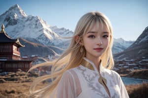  girl with dragon, open sky, open landscape, wide angle shot, big background, full visible background, detailed background, full upper body visible,(full upper body:1.6), nature, mountain, snow, Tibetan temple, royal dress, half body view, straight camera from front, cowboy photoshoot, eye level shoot, front shoot, 1 girl, very bright backlighting, solo, {beautiful and detailed eyes}, dazzling light, calm expression, natural and soft light, hair blown by the breeze, delicate facial features, white blonde hair, Blunt bangs, beautiful elvish girl, eye smile,  very small earrings, 16yo, film grain, realhands, shy smile,Realism, looking towards me, body towards me, fantasy landscape, fantasy background, friendly setting,  zeone