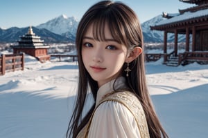  girl with dragon, open sky, open landscape, wide angle shot, big background, full visible background, detailed background, full upper body visible,(full upper body:1.6), nature, mountain, snow, Tibetan temple, royal dress, half body view, straight camera from front, cowboy photoshoot, eye level shoot, front shoot, 1 girl, very bright backlighting, solo, {beautiful and detailed eyes}, dazzling light, calm expression, natural and soft light, hair blown by the breeze, delicate facial features, white blonde hair, Blunt bangs, beautiful elvish girl, eye smile,  very small earrings, 16yo, film grain, realhands, shy smile,Realism, looking towards me, body towards me, fantasy landscape, fantasy background, friendly setting,  zeone