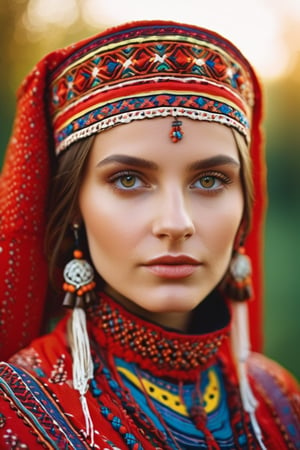 Detailed portrait of Beautiful Ukraine girl on traditional outfit shot, on Hasselblad 501c three point lighting Sci-Fi atmosphere,