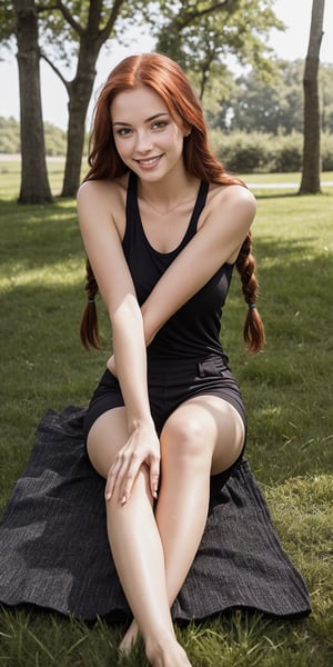 Generate hyper realistic image of a busty woman with an hourglass body, lounging outdoors on a sunny day. Her long red hair frames her face elegantly, with a braid accentuating her collarbone. Green eyes sparkle as she smiles warmly, sitting in a sleeveless top and black pants. The gentle breeze rustles the grass around her, adding to the tranquil atmosphere.