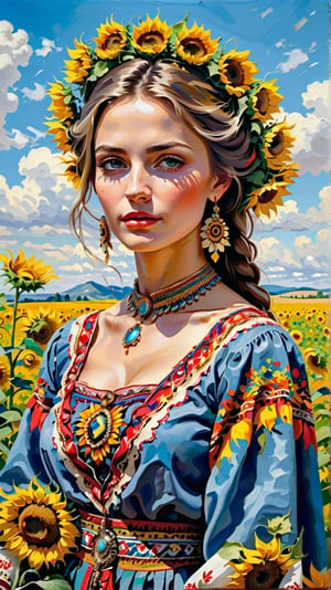 ultra detailed oil painting of a stunning woman in traditional outfit from Ukraine, surrounded by sunflowers, blue sky with summer clouds, hand-painted, art by MSchiffer, sharp focus, colorful, high contrast,