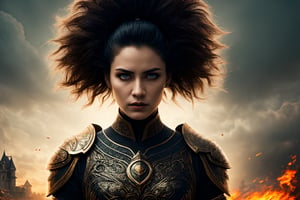 an epic movie poster-style portrait featuring a formidable female warrior. The backdrop of a castle, casting an atmospheric glow that wraps around the scene. The central focus is the silhouette of a warrior, dressed in intricate armor, facing the audience. Her mysterious gaze is directed into the horizon, a symbol of strength and enigma. Her hair is tousled by the winds, adding a dynamic flair to the image. Dramatic lighting highlights the details of her battle-worn attire. Embrace the enigma and strength of this warrior in a visually captivating fantasy-inspired movie poster.