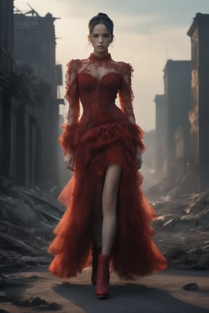A cinematic photo of a stunning model in red with shoes, luxury dress, in the style of multi-layered textures, ornate details, gothic core, highly detailed, photorealism, attractive, gorgeous beauty, as she stands dominantly and confidently in a desolate, dark post-apocalyptic cityscape, capturing the stark juxtaposition of beauty and decay, with the model's flawless skin glowing like a beacon of hope amidst the ravaged urban landscape. photographed with a focused depth of field to blur the bleak surroundings, emphasizing her striking, rebellious pose. full body, golden hour.  