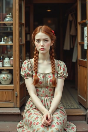 
A vintage photo of a young woman with long red hair styled in two braids. She is wearing a floral dress and a red ribbon in her hair. The woman is sitting on the steps in front of a shop with a wooden facade and glass windows displaying various items. The overall tone of the image is soft and romantic. The woman's attire and the shop's appearance suggest a vintage setting, possibly from the 1940s or 1950s.
