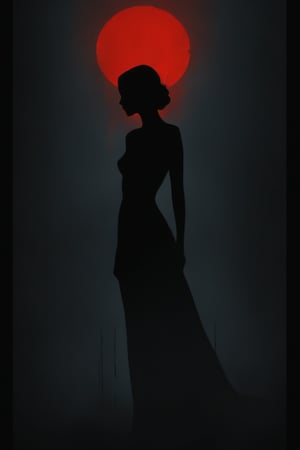 A captivating, minimalist cinematic art piece that features a mesmerizing female figure. The woman's dark silhouette is accentuated by her bold, red lips, which starkly contrast against the deep, dark background. The image exudes a surreal and dreamy atmosphere, with an abstract touch that enhances its mysterious allure. The overall composition is striking, creating a sense of depth and dimension that draws the viewer into the scene., cinematic