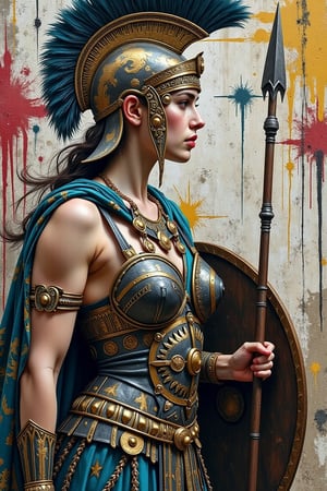 
A cinematic medium shot of a breathtaking graffiti depicting the beautiful Greek goddess Athena in a warrior pose. She is wearing an intricately designed helmet, armor, and holds a spear and shield. The abstract background showcases a mix of urban sophistication and street art culture. The artwork is in the style of Thomas Benjamin Kennington.
