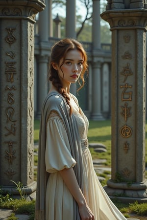 A cinematic photo of a young European woman standing calmly before towering stone pillars inscribed with magical symbols. Her auburn, loosely curled hair falls softly around her shoulders, and her warm hazel eyes hold an air of quiet contemplation. She is dressed in a flowing cream-colored dress with delicate lace details, and a light gray shawl drapes gracefully around her. The moonlight reflects off the ancient stones, casting long shadows in the glade.
