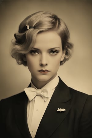 A captivating sepia-toned photograph from the 1930s, featuring a self-assured German blonde woman with a tough, manly appearance and very short hair. She is dressed in a tailored men's black tuxedo suit, buttoned up to the collar, with a white bow tie. The woman exudes an air of strength and determination, her gaze piercing and confident. The background is slightly blurred, giving the photo a vintage and nostalgic feel., photo