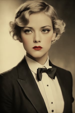 A captivating sepia-toned photograph from the 1930s, featuring a self-assured German blonde woman with a tough, manly appearance and very short hair. She is dressed in a tailored men's black tuxedo suit, buttoned up to the collar, with a white bow tie. The woman exudes an air of strength and determination, her gaze piercing and confident. The background is slightly blurred, giving the photo a vintage and nostalgic feel., photo