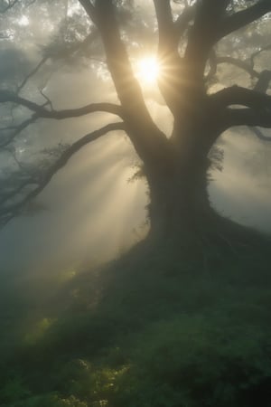 A captivating 8K cinematic image showcases the enchanting and tranquil landscape of a sunlit misty forest. The sun's rays penetrate the fog, casting a mesmerizing golden glow on a majestic tree. The tree, adorned with intricate branches, stands tall and partially concealed by the mist. The background unveils a serene park illuminated by morning light, with other trees and foliage subtly visible. The atmosphere exudes a sense of peace and natural beauty, highlighting the harmonious interplay between light, shadow, and mist. This enchanting scene is captured in the Shiiashi Kazuko style, offering a cinematic experience that transports viewers into a world of ethereal beauty and tranquility., cinematic, photo